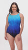Woman wearing a blue ombre streaky pattern one piece swimsuit