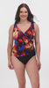 Woman wearing a multicolored watercolor one-piece swimsuit