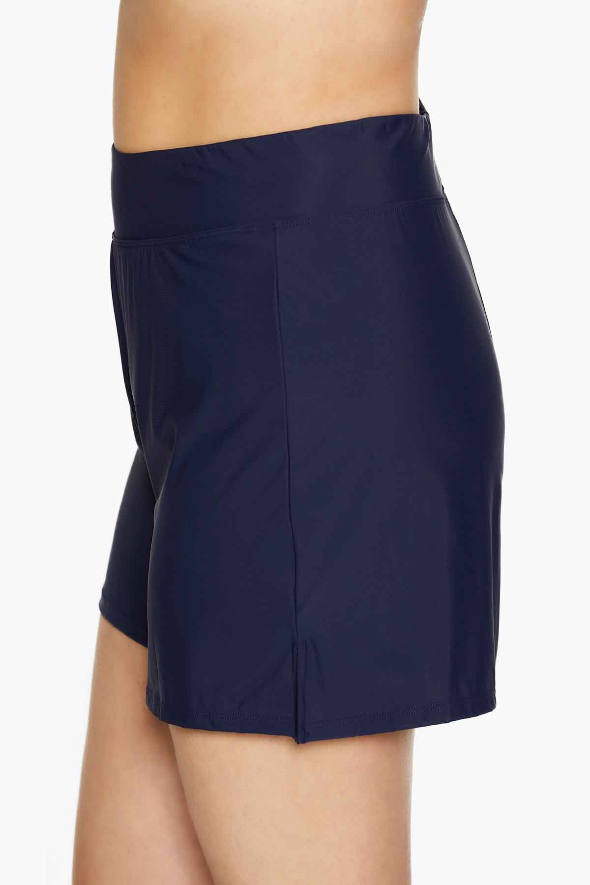 Side view of navy-blue swim shorts
