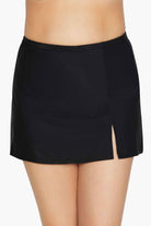 Front of black swim skirt with side slit