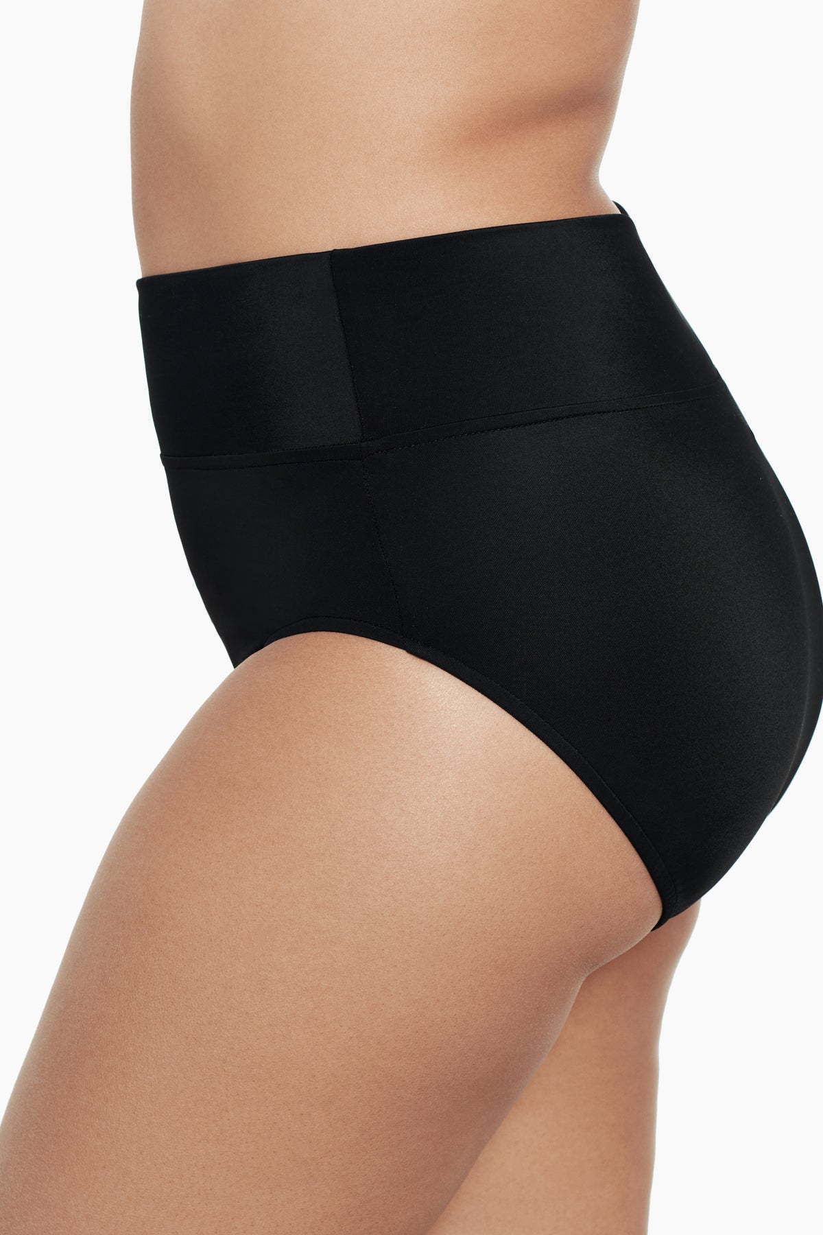 Side view of black swim bottoms