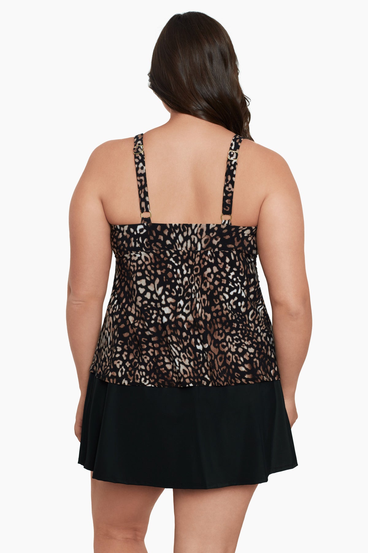 Woman turned away wearing a cheetah print tankini top