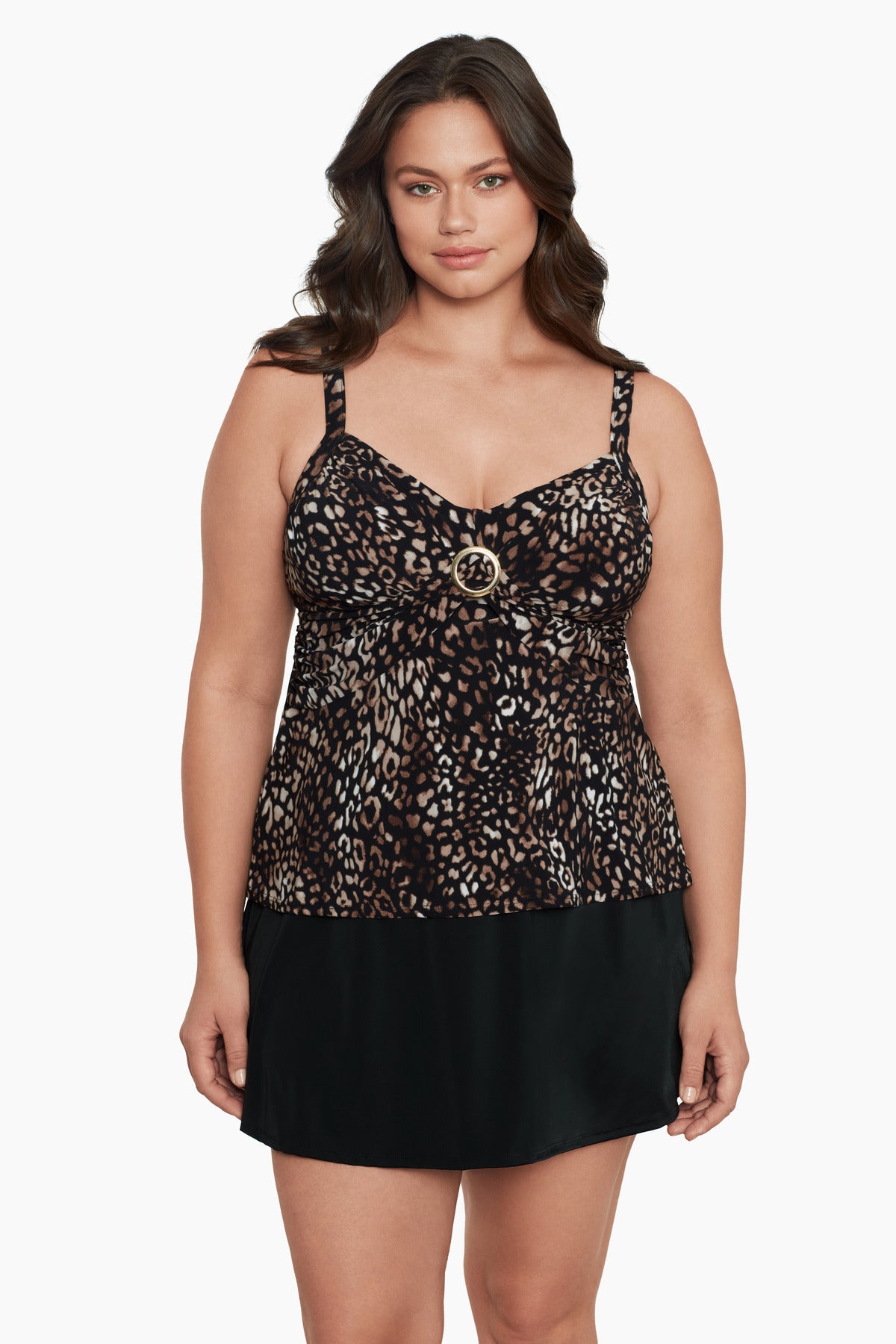 Woman wearing a cheetah print tankini top
