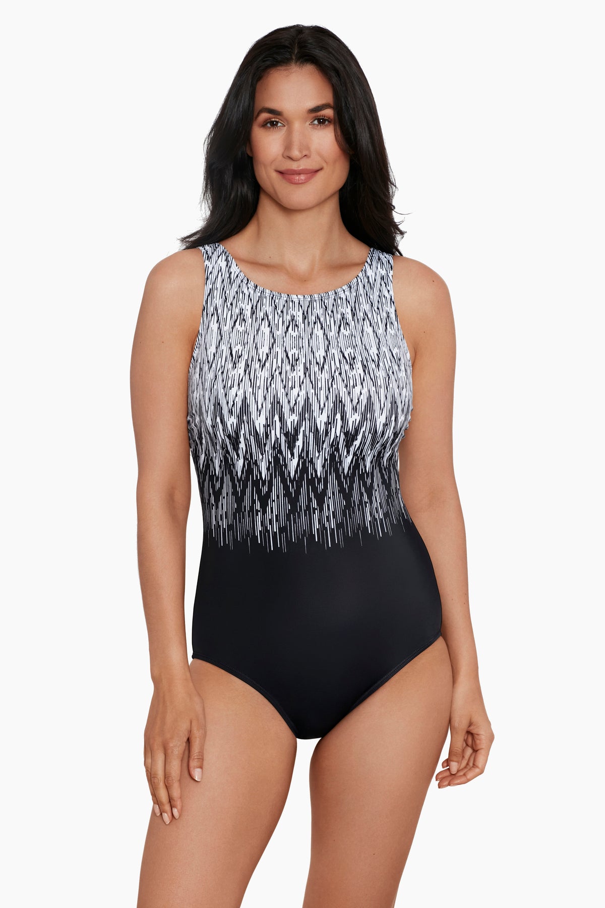 Woman wearing a black and white zig zag pattern on the bust high neck one-piece swimsuit