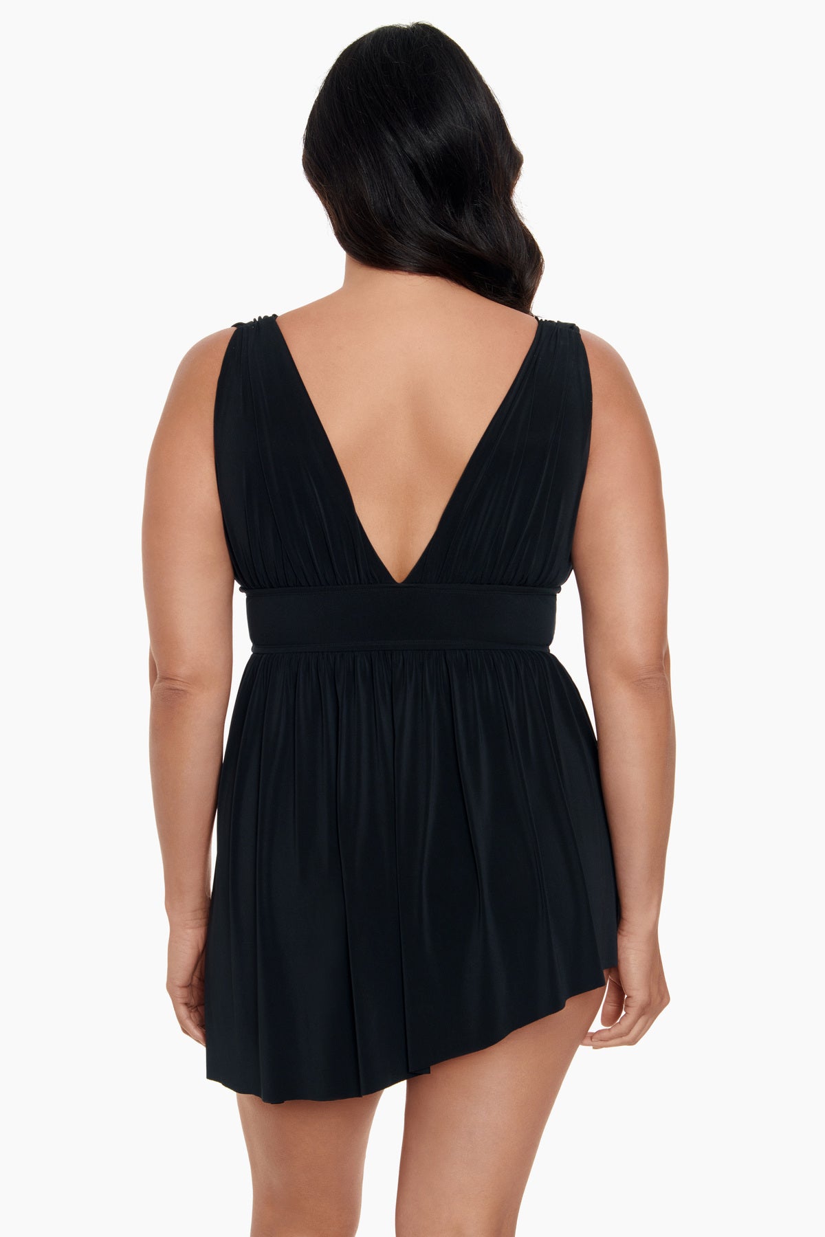 Back view of Goddess Flyaway Swim Dress in Black Tie