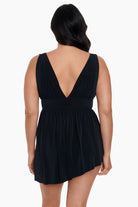 Back view of Goddess Flyaway Swim Dress in Black Tie