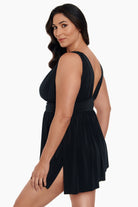 Side view of Goddess Flyaway Swim Dress in Black Tie