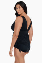 Side view of Goddess Flyaway Swim Dress in Black Tie