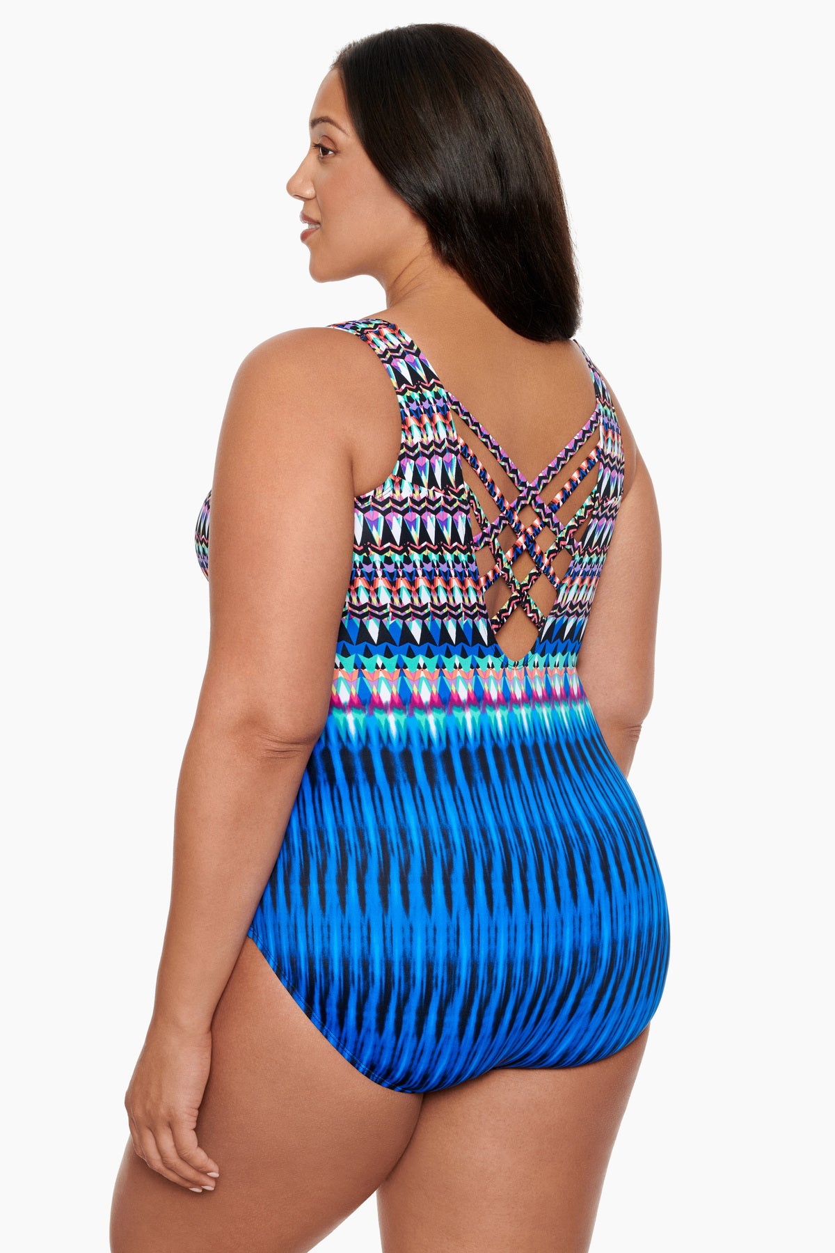 Side view of Triple X Back Tank One Piece in Sparkle Park