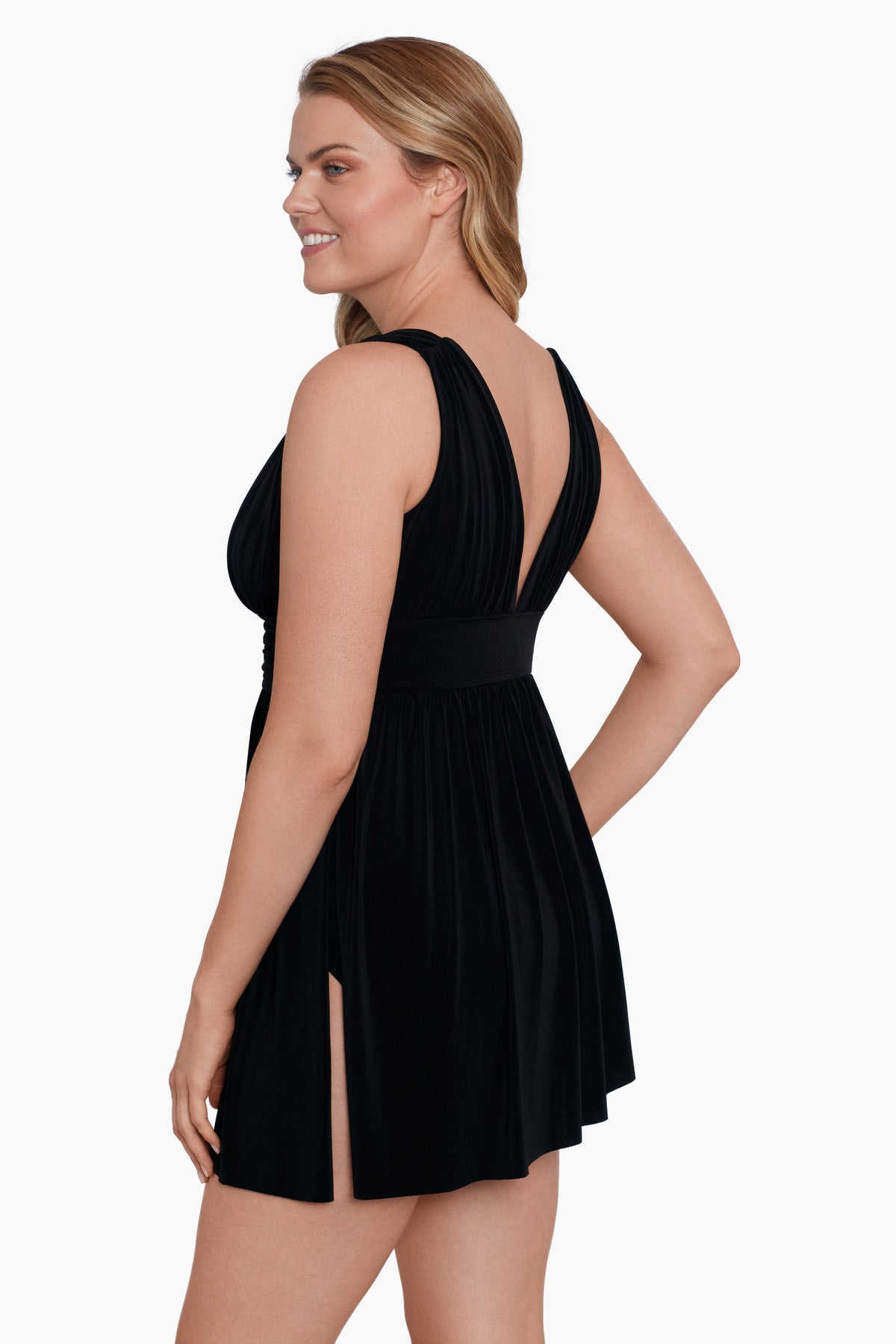 Side view of Goddess Flyaway Swim Dress in Night Gala