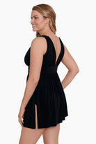 Side view of Goddess Flyaway Swim Dress in Night Gala