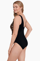 Woman turned left wearing a cheetah print belted surplice one-piece swimsuit