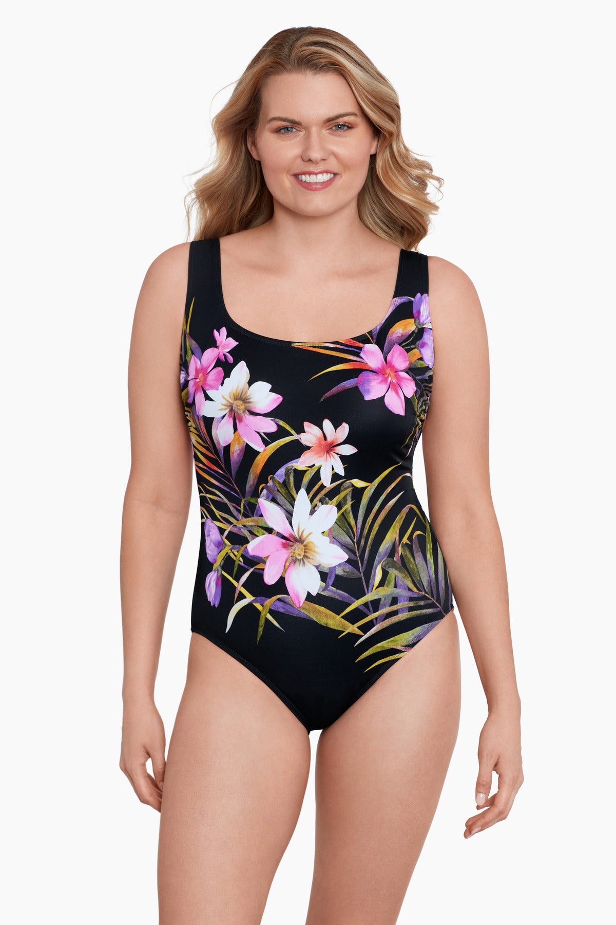 Woman wearing a multicolored floral printed scoop neck tank one-piece swimsuit