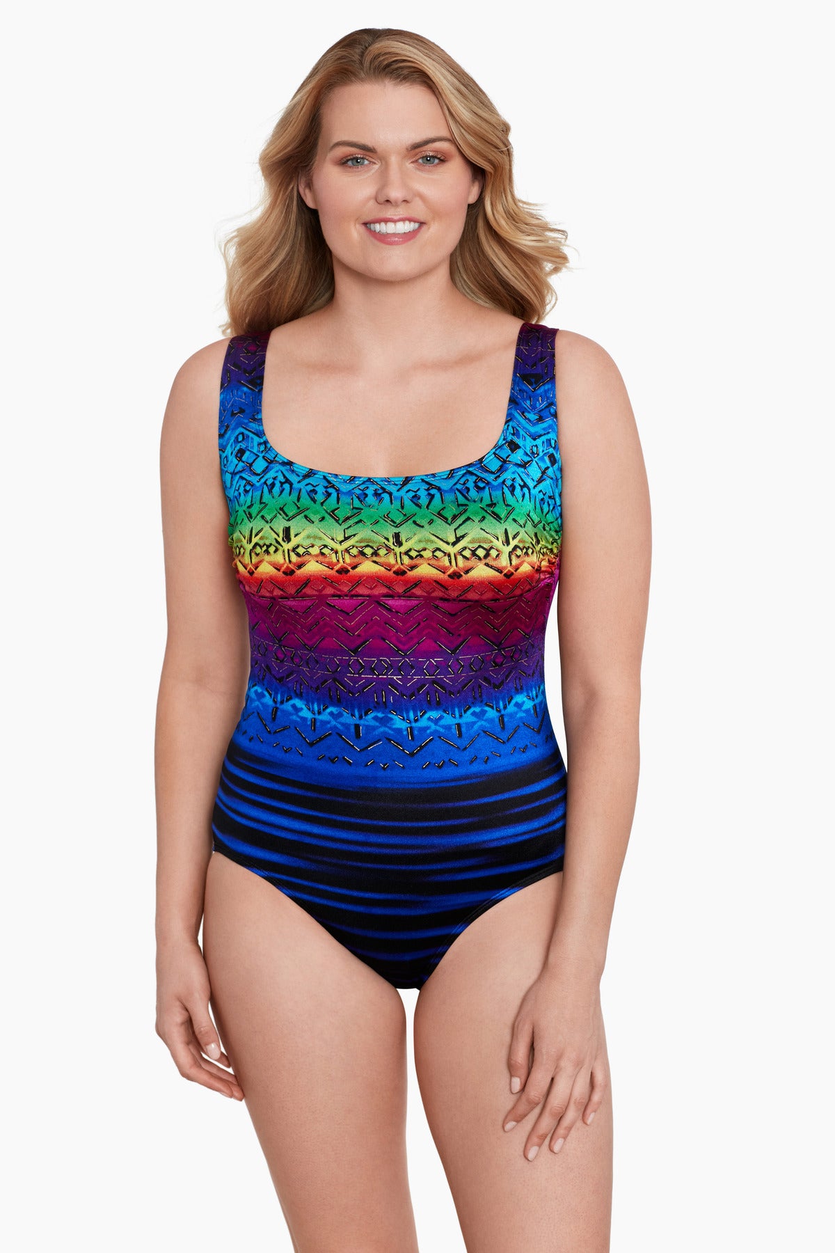 Woman wearing a rainbow ombre with a geometric overlay print one-piece swimsuit